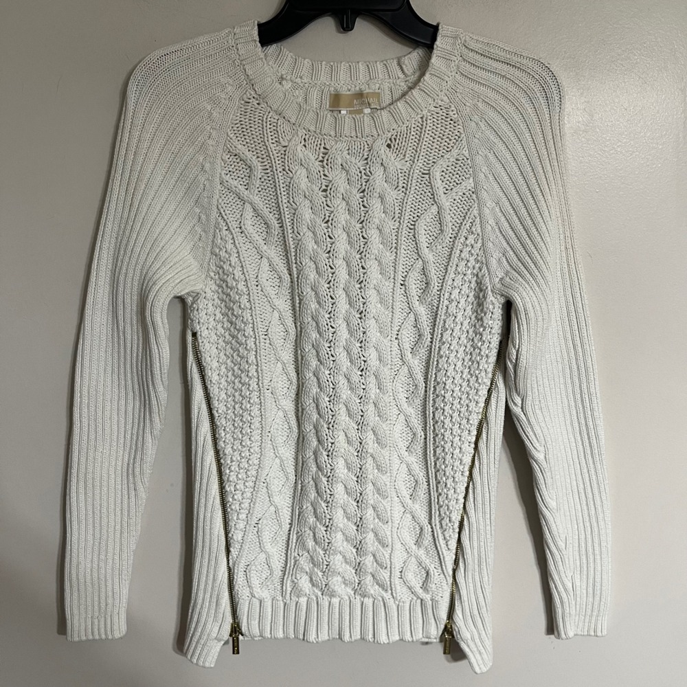 Michael Michael Kors White‎ Cable Knit Side Zip Sweater Womens Medium